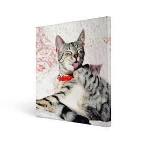 Холст квадратный с принтом Кошка в Кировске, 100% ПВХ |  | cat | collar | heel | licking | lying | red | striped | кошка | красный | лежит | лижет | ошейник | полосатая | пятка