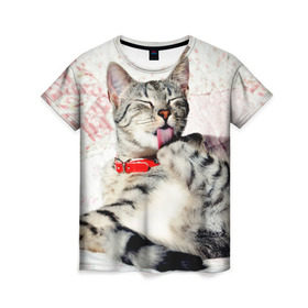 Женская футболка 3D с принтом Кошка в Кировске, 100% полиэфир ( синтетическое хлопкоподобное полотно) | прямой крой, круглый вырез горловины, длина до линии бедер | cat | collar | heel | licking | lying | red | striped | кошка | красный | лежит | лижет | ошейник | полосатая | пятка