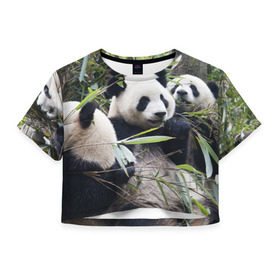 Женская футболка 3D укороченная с принтом Семейка панд в Кировске, 100% полиэстер | круглая горловина, длина футболки до линии талии, рукава с отворотами | Тематика изображения на принте: бамбук | животное | зверь | косолапый | лес | медведи | медведь | миша | мишка | мишутка | млекопитающее | панда | природа | трое