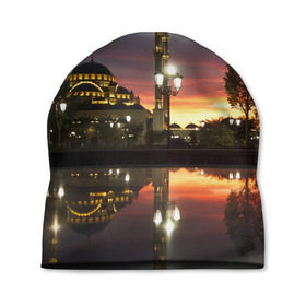 Шапка 3D с принтом Мечеть в Грозном в Кировске, 100% полиэстер | универсальный размер, печать по всей поверхности изделия | вода | город | грозный | закат | ичкерия | кааба | мечеть | огни | пейзаж | святилище | столица | фонтан | храм | чечня