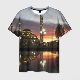 Мужская футболка 3D с принтом Мечеть в Грозном в Кировске, 100% полиэфир | прямой крой, круглый вырез горловины, длина до линии бедер | вода | город | грозный | закат | ичкерия | кааба | мечеть | огни | пейзаж | святилище | столица | фонтан | храм | чечня