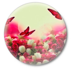 Значок с принтом Весна и бабочки в Кировске,  металл | круглая форма, металлическая застежка в виде булавки | flower | цветы