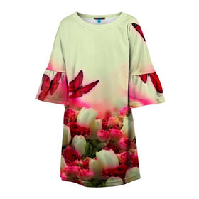 Детское платье 3D с принтом Весна и бабочки в Кировске, 100% полиэстер | прямой силуэт, чуть расширенный к низу. Круглая горловина, на рукавах — воланы | flower | цветы
