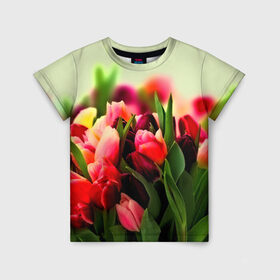 Детская футболка 3D с принтом Букет тюльпанов в Кировске, 100% гипоаллергенный полиэфир | прямой крой, круглый вырез горловины, длина до линии бедер, чуть спущенное плечо, ткань немного тянется | Тематика изображения на принте: flower | весна | цветочки | цветы