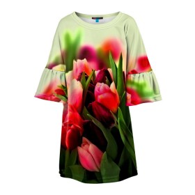 Детское платье 3D с принтом Букет тюльпанов в Кировске, 100% полиэстер | прямой силуэт, чуть расширенный к низу. Круглая горловина, на рукавах — воланы | Тематика изображения на принте: flower | весна | цветочки | цветы