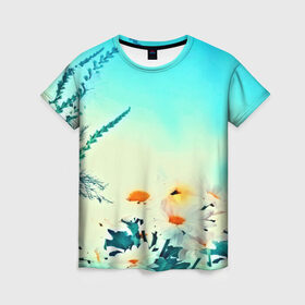 Женская футболка 3D с принтом chamomile в Кировске, 100% полиэфир ( синтетическое хлопкоподобное полотно) | прямой крой, круглый вырез горловины, длина до линии бедер | flower | лето | полевой цветок | цветочки | цветы