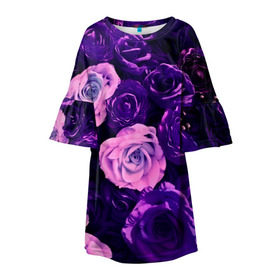 Детское платье 3D с принтом Фиолетовые розы в Кировске, 100% полиэстер | прямой силуэт, чуть расширенный к низу. Круглая горловина, на рукавах — воланы | flower | прикцветочки | розы | цветы