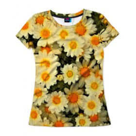Женская футболка 3D с принтом Жёлтые цветочки в Кировске, 100% полиэфир ( синтетическое хлопкоподобное полотно) | прямой крой, круглый вырез горловины, длина до линии бедер | flower | лето | полевой цветок | цветочки | цветы