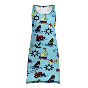 Платье-майка 3D с принтом Кораблик в Кировске, 100% полиэстер | полуприлегающий силуэт, широкие бретели, круглый вырез горловины, удлиненный подол сзади. | navy blue | абстракции | белый | брызги | волны | дельфин | кораблик | красный | маяк | минимализм | морская тема | спасательный круг | темно синий | якорь