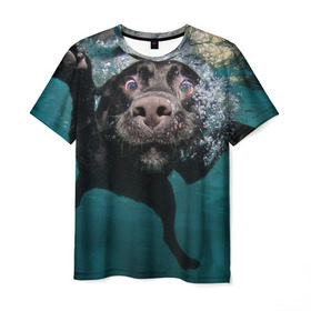 Мужская футболка 3D с принтом Пес дайвер в Кировске, 100% полиэфир | прямой крой, круглый вырез горловины, длина до линии бедер | вода | гребет | дайвер | животное | купается | лапы | нос | пес | плавец | плывет | под водой | прикольный | пузыри | смешной | собака | щенок