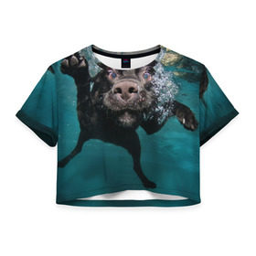 Женская футболка 3D укороченная с принтом Пес дайвер в Кировске, 100% полиэстер | круглая горловина, длина футболки до линии талии, рукава с отворотами | вода | гребет | дайвер | животное | купается | лапы | нос | пес | плавец | плывет | под водой | прикольный | пузыри | смешной | собака | щенок