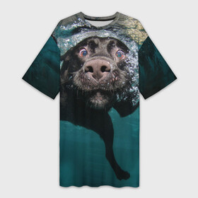 Платье-футболка 3D с принтом Пес дайвер в Кировске,  |  | Тематика изображения на принте: вода | гребет | дайвер | животное | купается | лапы | нос | пес | плавец | плывет | под водой | прикольный | пузыри | смешной | собака | щенок