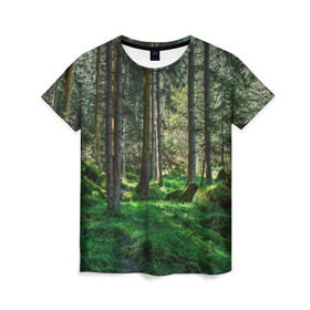 Женская футболка 3D с принтом Темный лес в Кировске, 100% полиэфир ( синтетическое хлопкоподобное полотно) | прямой крой, круглый вырез горловины, длина до линии бедер | бор | деревья | ель | ельник | заповедник | камни | красивый | лес | лето | мох | мрачный | прекрасный | природа | флора | чудесный
