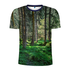 Мужская футболка 3D спортивная с принтом Темный лес в Кировске, 100% полиэстер с улучшенными характеристиками | приталенный силуэт, круглая горловина, широкие плечи, сужается к линии бедра | Тематика изображения на принте: бор | деревья | ель | ельник | заповедник | камни | красивый | лес | лето | мох | мрачный | прекрасный | природа | флора | чудесный