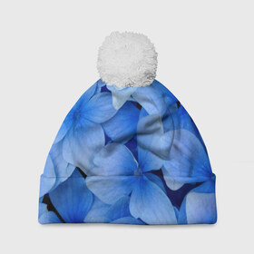 Шапка 3D c помпоном с принтом Синие цветы в Кировске, 100% полиэстер | универсальный размер, печать по всей поверхности изделия | 