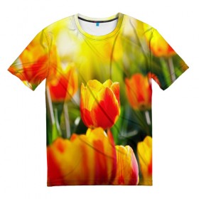 Мужская футболка 3D с принтом Тюльпаны в Кировске, 100% полиэфир | прямой крой, круглый вырез горловины, длина до линии бедер | 