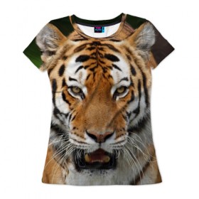 Женская футболка 3D с принтом Тигр в Кировске, 100% полиэфир ( синтетическое хлопкоподобное полотно) | прямой крой, круглый вырез горловины, длина до линии бедер | дикая кошка | клыки | кошка | пасть | сафари | тигр | хищник