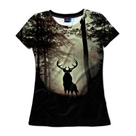 Женская футболка 3D с принтом Олень в Кировске, 100% полиэфир ( синтетическое хлопкоподобное полотно) | прямой крой, круглый вырез горловины, длина до линии бедер | деревья | императорский красный олень | лес | олень | природа | рога