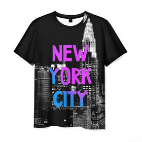 Мужская футболка 3D с принтом Нью-Йорк в Кировске, 100% полиэфир | прямой крой, круглый вырез горловины, длина до линии бедер | america | capital | city | lights | new york | night | skyscrapers | tourism | usa | америка | город | ночь | нью йорк | огни | столица | сша | туризм