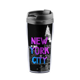 Термокружка-непроливайка с принтом Нью-Йорк в Кировске, внутренняя часть — пищевой пластик, наружная часть — прозрачный пластик, между ними — полиграфическая вставка с рисунком | объем — 350 мл, герметичная крышка | Тематика изображения на принте: america | capital | city | lights | new york | night | skyscrapers | tourism | usa | америка | город | ночь | нью йорк | огни | столица | сша | туризм