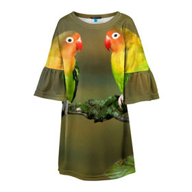 Детское платье 3D с принтом Попугаи в Кировске, 100% полиэстер | прямой силуэт, чуть расширенный к низу. Круглая горловина, на рукавах — воланы | двое | классный | клюв | красивый | крылья | попугай | попугайчик | птица | птичка | радужный