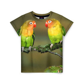 Детская футболка 3D с принтом Попугаи в Кировске, 100% гипоаллергенный полиэфир | прямой крой, круглый вырез горловины, длина до линии бедер, чуть спущенное плечо, ткань немного тянется | двое | классный | клюв | красивый | крылья | попугай | попугайчик | птица | птичка | радужный