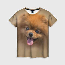Женская футболка 3D с принтом Шпиц в Кировске, 100% полиэфир ( синтетическое хлопкоподобное полотно) | прямой крой, круглый вырез горловины, длина до линии бедер | shpic | животные | мордочка | пёс | рыжий | собака | собачка | язык