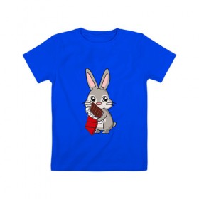 Детская футболка хлопок с принтом Любитель шоколада в Кировске, 100% хлопок | круглый вырез горловины, полуприлегающий силуэт, длина до линии бедер | животные | заяц | кролик | пасха | шоколад | юмор