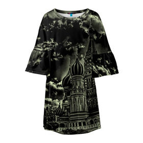 Детское платье 3D с принтом Москва в Кировске, 100% полиэстер | прямой силуэт, чуть расширенный к низу. Круглая горловина, на рукавах — воланы | Тематика изображения на принте: кремль | ночь | пейзаж