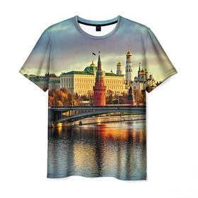 Мужская футболка 3D с принтом Москва река в Кировске, 100% полиэфир | прямой крой, круглый вырез горловины, длина до линии бедер | kremlin | moscow | russia | город | кремль | москва | ночь | огни | река