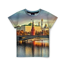 Детская футболка 3D с принтом Москва река в Кировске, 100% гипоаллергенный полиэфир | прямой крой, круглый вырез горловины, длина до линии бедер, чуть спущенное плечо, ткань немного тянется | Тематика изображения на принте: kremlin | moscow | russia | город | кремль | москва | ночь | огни | река