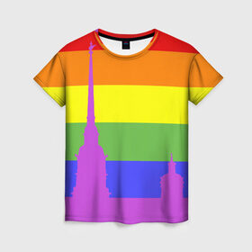 Женская футболка 3D с принтом Радужный флаг в Кировске, 100% полиэфир ( синтетическое хлопкоподобное полотно) | прямой крой, круглый вырез горловины, длина до линии бедер | город | любовь | отношения | радуга | сердце | сталица | флаг