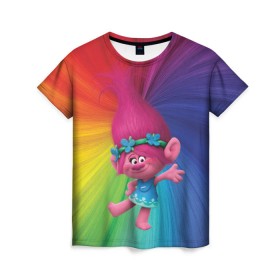Женская футболка 3D с принтом Розочка тролли в Кировске, 100% полиэфир ( синтетическое хлопкоподобное полотно) | прямой крой, круглый вырез горловины, длина до линии бедер | trolls | детям | мультик | мультики | мультфильм | мультфильмы | радуга | разноцветные | разные цвета | розочка | тролли | тролль | цветные