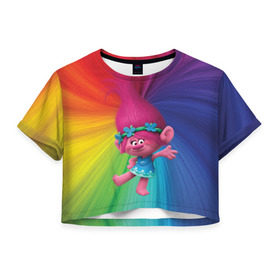 Женская футболка 3D укороченная с принтом Розочка тролли в Кировске, 100% полиэстер | круглая горловина, длина футболки до линии талии, рукава с отворотами | trolls | детям | мультик | мультики | мультфильм | мультфильмы | радуга | разноцветные | разные цвета | розочка | тролли | тролль | цветные
