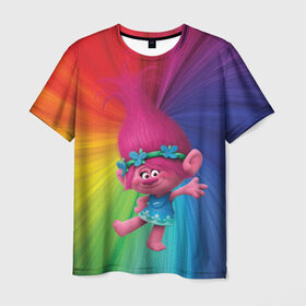 Мужская футболка 3D с принтом Розочка тролли в Кировске, 100% полиэфир | прямой крой, круглый вырез горловины, длина до линии бедер | trolls | детям | мультик | мультики | мультфильм | мультфильмы | радуга | разноцветные | разные цвета | розочка | тролли | тролль | цветные