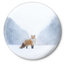 Значок с принтом лесная красотка в Кировске,  металл | круглая форма, металлическая застежка в виде булавки | зима | лес | лиса | рыжая | снег | тайга
