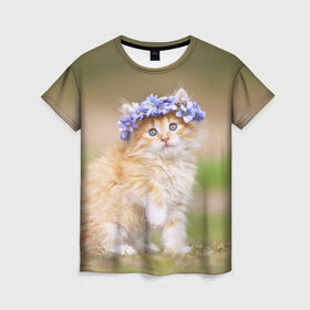 Женская футболка 3D с принтом Веночек в Кировске, 100% полиэфир ( синтетическое хлопкоподобное полотно) | прямой крой, круглый вырез горловины, длина до линии бедер | василёк | венок | котёнок | кошка | цветок