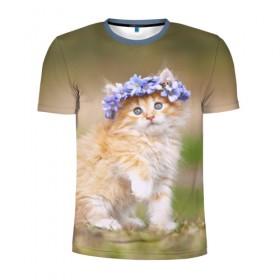 Мужская футболка 3D спортивная с принтом Веночек в Кировске, 100% полиэстер с улучшенными характеристиками | приталенный силуэт, круглая горловина, широкие плечи, сужается к линии бедра | василёк | венок | котёнок | кошка | цветок