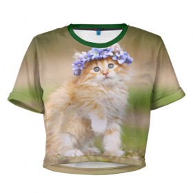 Женская футболка 3D укороченная с принтом Веночек в Кировске, 100% полиэстер | круглая горловина, длина футболки до линии талии, рукава с отворотами | василёк | венок | котёнок | кошка | цветок