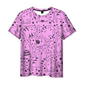 Мужская футболка 3D с принтом котейки в Кировске, 100% полиэфир | прямой крой, круглый вырез горловины, длина до линии бедер | cat | кот | котейки | котик | кошка | рисунок | розовый