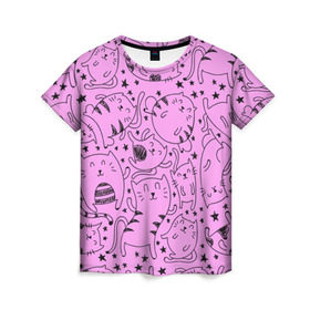Женская футболка 3D с принтом котейки в Кировске, 100% полиэфир ( синтетическое хлопкоподобное полотно) | прямой крой, круглый вырез горловины, длина до линии бедер | cat | кот | котейки | котик | кошка | рисунок | розовый