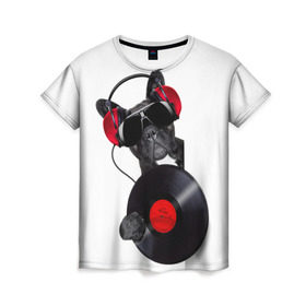 Женская футболка 3D с принтом собака-меломан в Кировске, 100% полиэфир ( синтетическое хлопкоподобное полотно) | прямой крой, круглый вырез горловины, длина до линии бедер | бульдог | красный | музыка | наушники | очки | пластинка | собака | черный