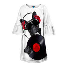 Детское платье 3D с принтом собака-меломан в Кировске, 100% полиэстер | прямой силуэт, чуть расширенный к низу. Круглая горловина, на рукавах — воланы | Тематика изображения на принте: бульдог | красный | музыка | наушники | очки | пластинка | собака | черный
