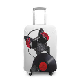Чехол для чемодана 3D с принтом собака-меломан в Кировске, 86% полиэфир, 14% спандекс | двустороннее нанесение принта, прорези для ручек и колес | Тематика изображения на принте: бульдог | красный | музыка | наушники | очки | пластинка | собака | черный
