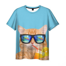 Мужская футболка 3D с принтом котэ на отдыхе в Кировске, 100% полиэфир | прямой крой, круглый вырез горловины, длина до линии бедер | кот | котик | лето | море | отдых | очки | пальмы | пляж | рыжий кот | солнце