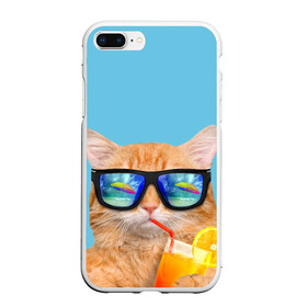 Чехол для iPhone 7Plus/8 Plus матовый с принтом котэ на отдыхе в Кировске, Силикон | Область печати: задняя сторона чехла, без боковых панелей | кот | котик | лето | море | отдых | очки | пальмы | пляж | рыжий кот | солнце