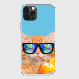 Чехол для iPhone 12 Pro с принтом котэ на отдыхе в Кировске, силикон | область печати: задняя сторона чехла, без боковых панелей | Тематика изображения на принте: кот | котик | лето | море | отдых | очки | пальмы | пляж | рыжий кот | солнце