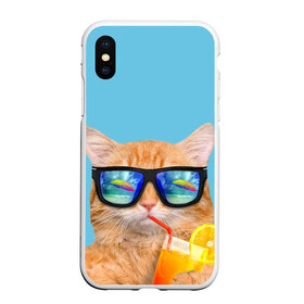 Чехол для iPhone XS Max матовый с принтом котэ на отдыхе в Кировске, Силикон | Область печати: задняя сторона чехла, без боковых панелей | кот | котик | лето | море | отдых | очки | пальмы | пляж | рыжий кот | солнце