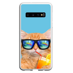 Чехол для Samsung Galaxy S10 с принтом котэ на отдыхе в Кировске, Силикон | Область печати: задняя сторона чехла, без боковых панелей | Тематика изображения на принте: кот | котик | лето | море | отдых | очки | пальмы | пляж | рыжий кот | солнце