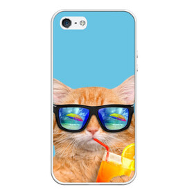 Чехол для iPhone 5/5S матовый с принтом котэ на отдыхе в Кировске, Силикон | Область печати: задняя сторона чехла, без боковых панелей | Тематика изображения на принте: кот | котик | лето | море | отдых | очки | пальмы | пляж | рыжий кот | солнце